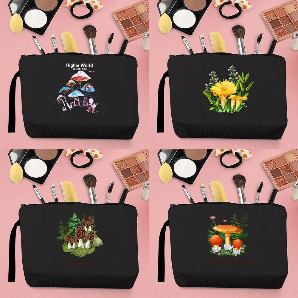 Fashion Woman Makeup Brush Storage Bag Coin Purse Canvas Cute Mushroom Pattern Printing Portable Harajuku Storage Black