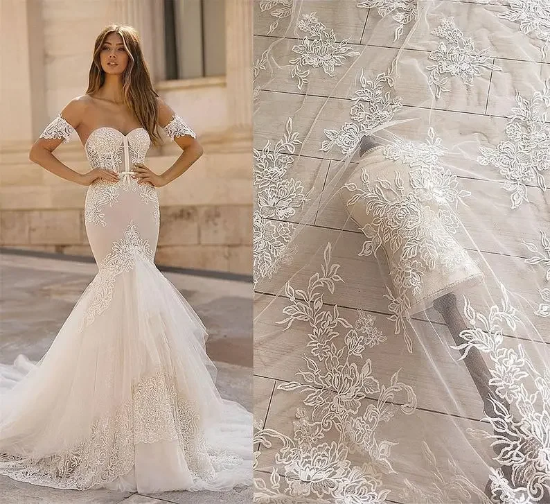 

Bridal Sequins Lace Fabric Ivory Cotton Floral Embroidered Tulle Wedding Dress Fabric 1 Yard