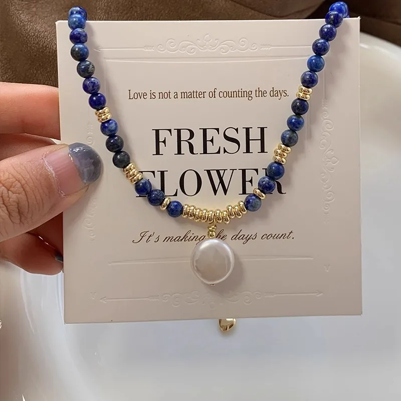 100% Natürliche Barocke Knopf-Süßwasserperlen & Lapislazuli-Perlen, 14K Vergoldete Damen-Anhänger-Halskette, Verblasst Nicht, Geschenk – Detail 6