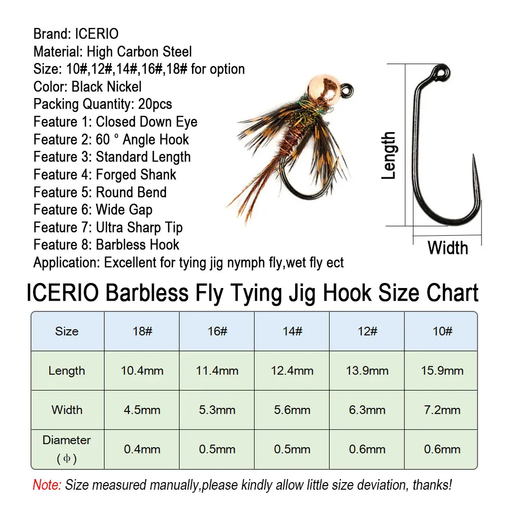 ICERIO 20pcs 10# 12# 14# 16# 18# 60 Degree Angle Barbless Fly Tying Jig Hook For Tying Jig Nymph Fly Wet Fly Trout Fishing Lures