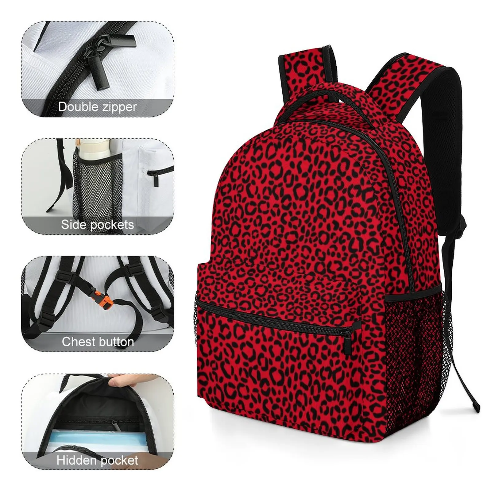 Red And Black Leopard Backpack Animal Fur Print Travel Backpacks Unisex Streetwear High School Bags Designer Breathable Rucksack