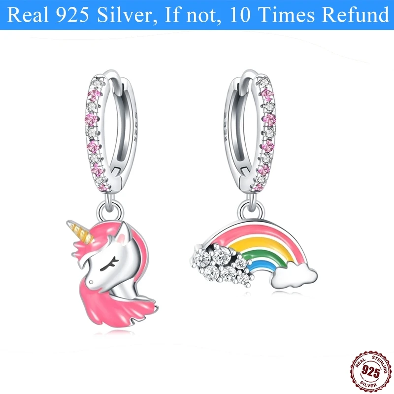 

100% Original Authentic 925 Sterling Silver Earrings Sparkling Rainbows unicorns Hoop Earrings Women Fashion Jewelry Gift
