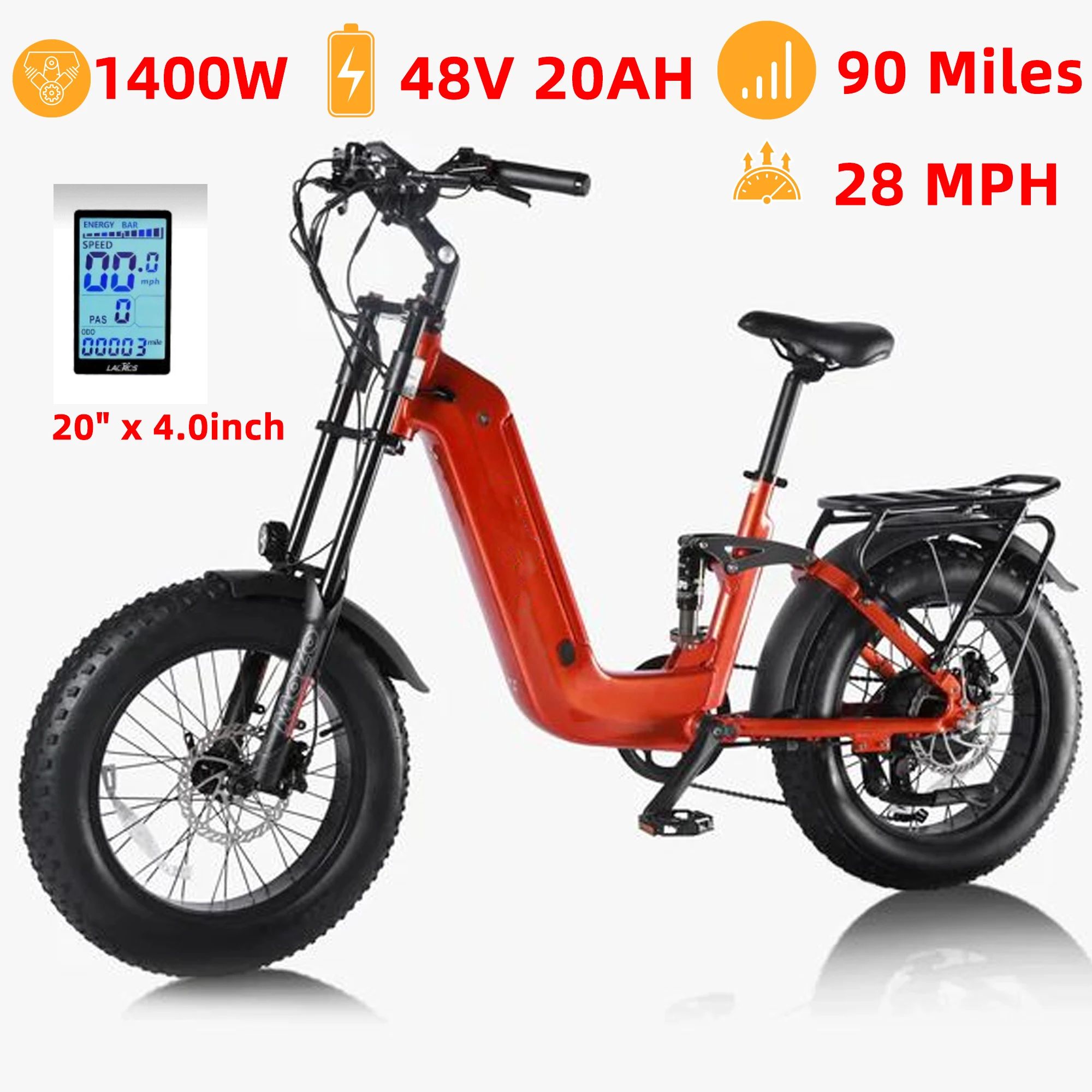 

Электрический велосипед с аккумулятором 1400 Вт, 48 В, 20 Ач, 28 миль в час, 90 миль, 20 x 4 дюйма, толстая шина, 7-скоростные электрические велосипеды с гидравлическим дисковым тормозом