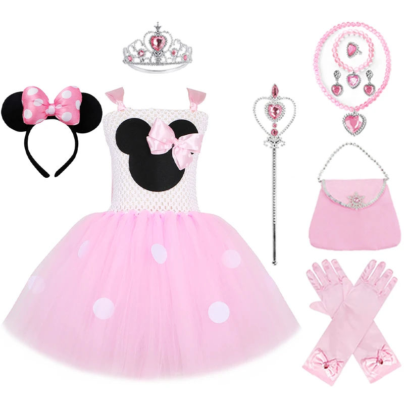 Cute Cartoon Mickey Mouse Cos Dress Crown Magic Wand Bag Gloves Necklace Bracelet Ring Earrings Set  Anime Cosplay Costume