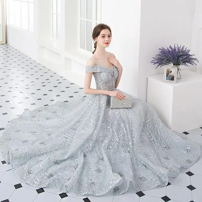 Shoulder Hugging Banquet Evening Slimming Dress 2025 Summer New Mesh Long Style Socialite One Shoulder Choir Performance Outfit