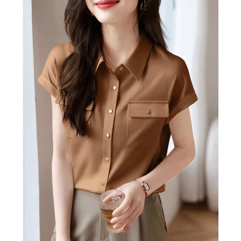 

2023 New Summer Fashion Buttons Solid Color Turn-down Collar Short Sleeve Blouse Ladies Temperament Pocket Women Shirts Elegant