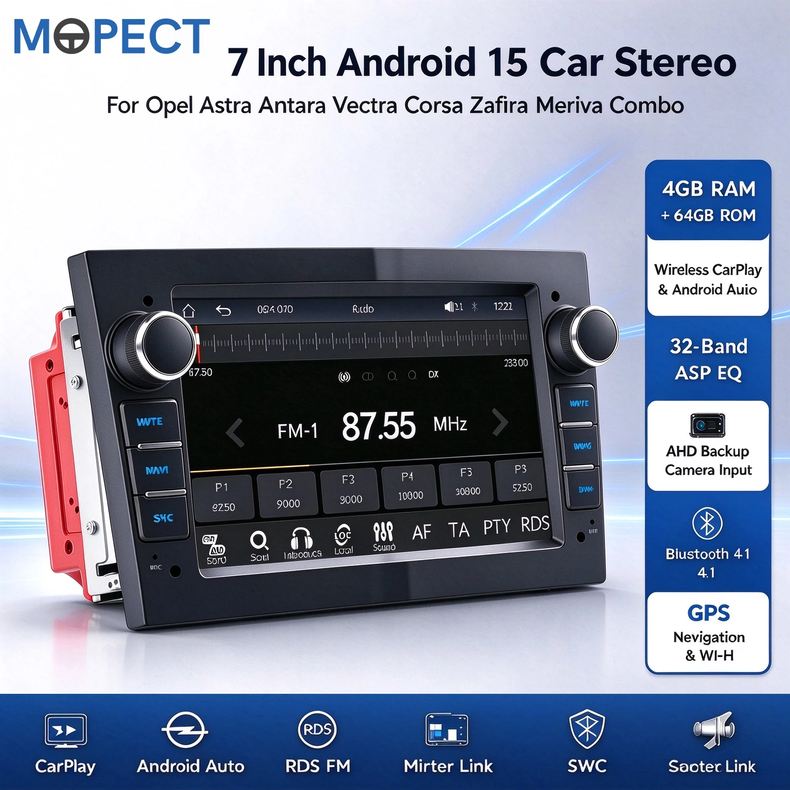 MOPECT Lettore Multimediale per Auto Android 15 da 7 Pollici, Stereo per Auto con Schermo Touch IPS 4GB+64GB, CarPlay Wireless, Android Auto, GPS, WiFi, RDS, FM, EQ a 32 Bande, SWC, Ingresso