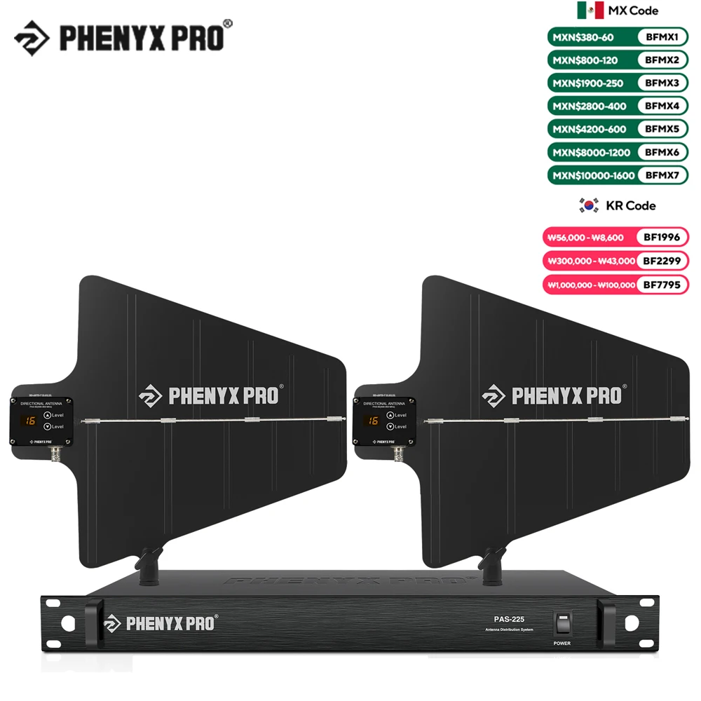 Phenyx Pro UHF 무선 안테나 분배 시스템 번들, 액티브 지향성 안테나, 8 출력 + 2 캐스케이드 포트 PAS-225X