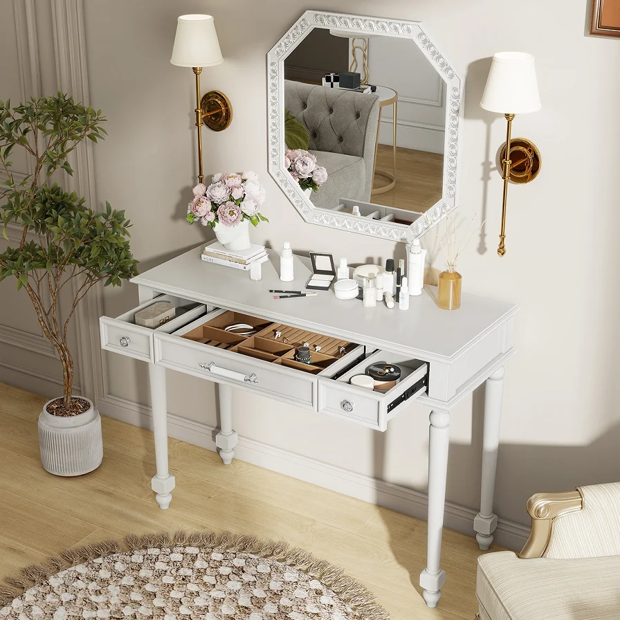 Modern Vanity Desk with  Mirror Wood Makeup Table and Cushioned Stool Set with 3 Drawers for Bedroom & Hotel Use