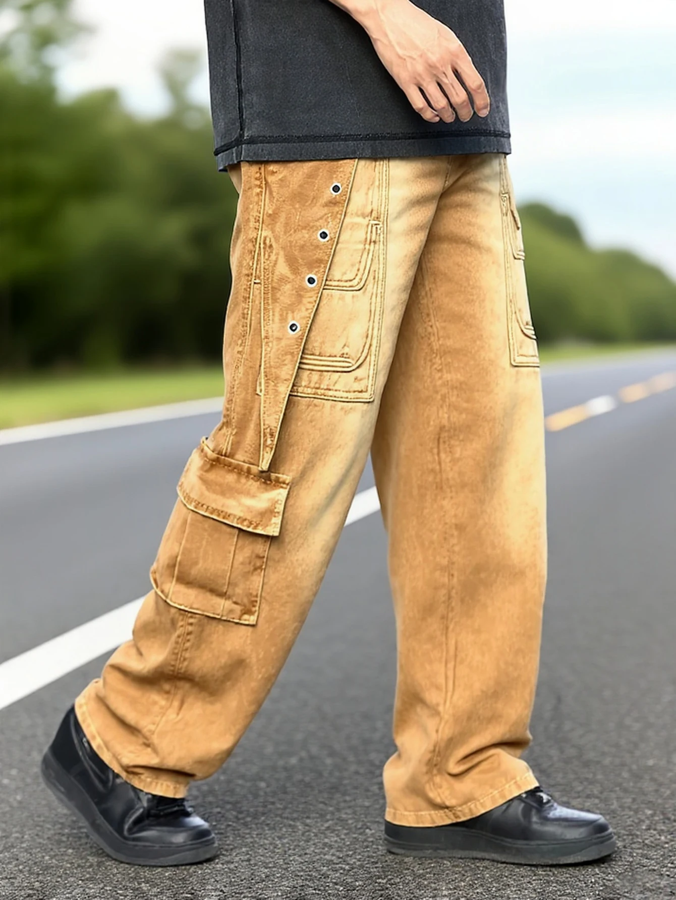 Senffarbene Cargo-Jeans für Herren mit mehreren Taschen, Vintage-Distressed-Look und großem Taschendesign, einfacher Erstellung eines Tre