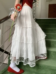 Falda larga Midi blanca para mujer, falda gótica de Lolita, de cintura alta, baja, fruncida, de encaje, plisada, primavera y verano, 2024