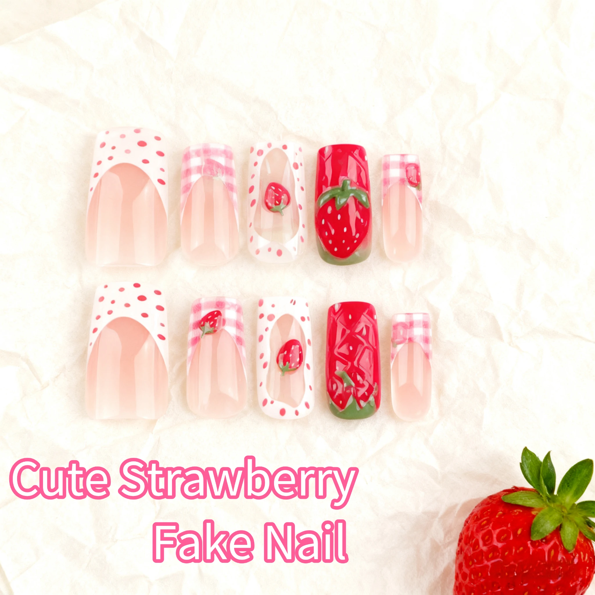 

Sweet Strawberry Fake Nail Patch Red Polka Dot French Coffin Ballet Fake Nail Wearable Full Cover Artificial Nail Tips for Girls