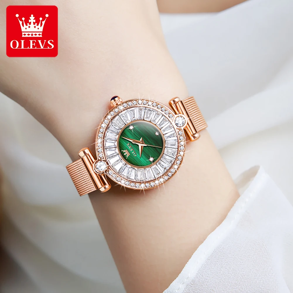 OLEVS Luxury Diamond Quartz Watch for Women Elegant Dress Analog Quartz Watch Stainless Steel Mesh Belt Waterproof Wristwatch