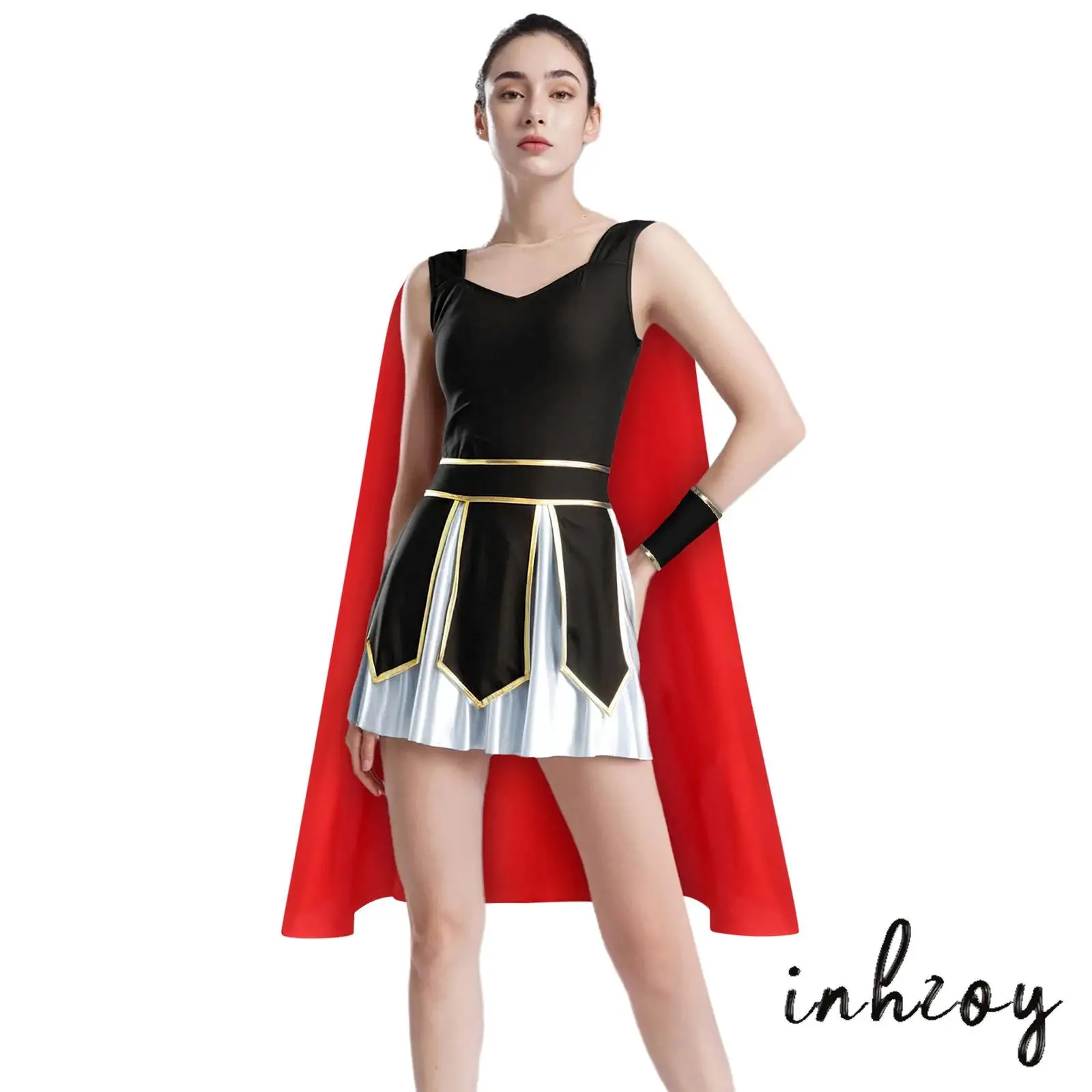 

Womens Roman Gladiator Costume Halloween Party Outfit V Neck Sleeveless Dress with Satin Cape And Cuffs for Cosplay