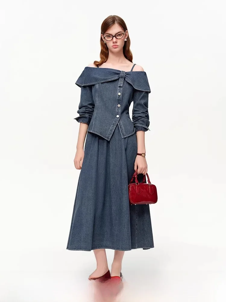 

Sweet Denim Skirt Set Faionable Spring Collection by Duu Women's Clothing Long Sve irt And Skirt Two Piece Suit