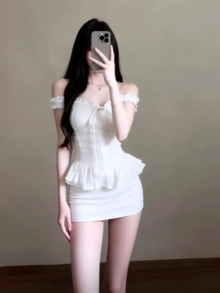 

White Lace Trim Short Skirt And Top Two-Piece Set Women's Slimming Summer Fashion High Waist Spring Summer Outfit