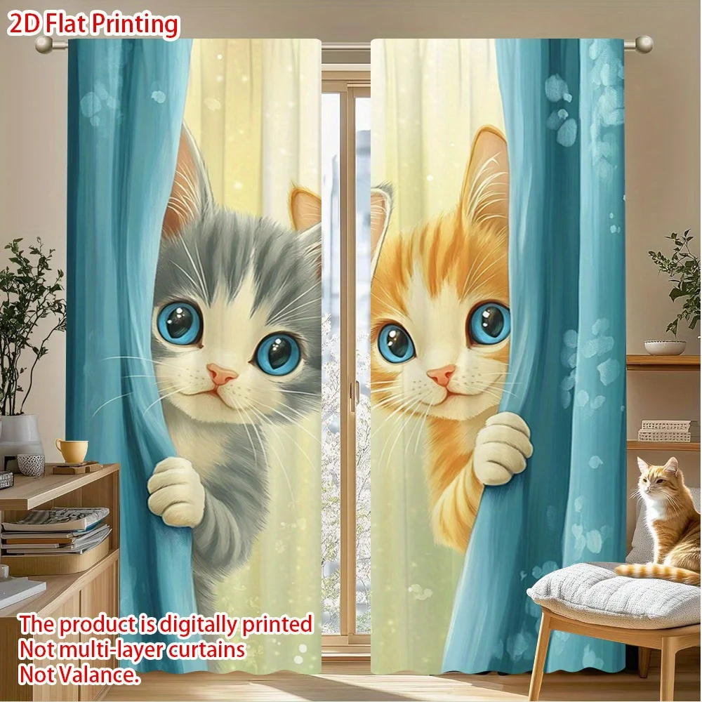 Cute Kitten Peekaboo Curtains, Cartoon Cat Print Drapes, Lovely Animal Window Treatment for Kids Bedroom Nursery Decor, Blackout