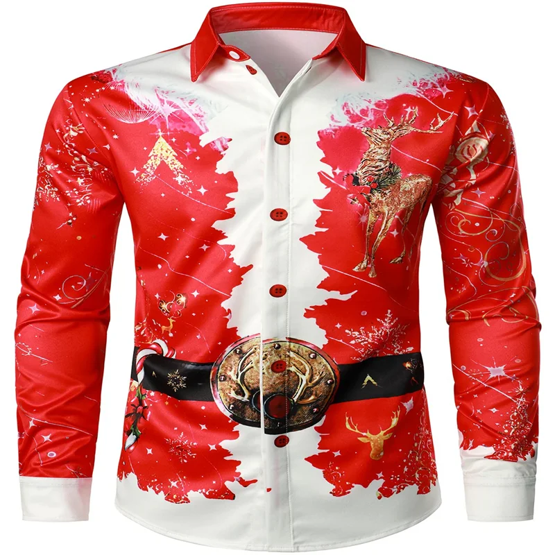 

Men's Christmas Themed Top Red Funny Outfit Vacation Button Down Long Sleeve Shirt