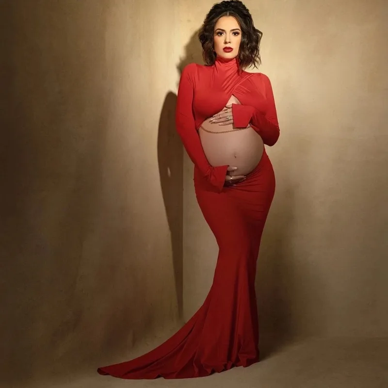 

Платье для детского душа с длинным шлейфом, эластичное длинное платье для фотосессии с высоким воротом для беременных