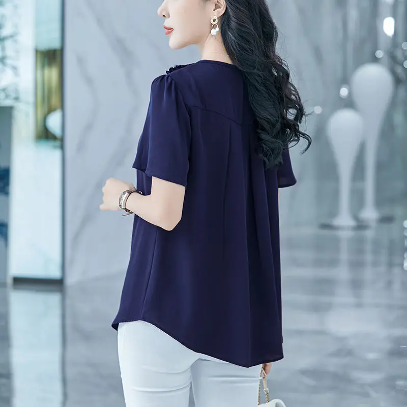 Elegant Ruffles Folds Button Shirt Women's Clothing 2023 Spring Summer New Casual O-Neck Short Sleeve Loose Oversize Blouse Lady