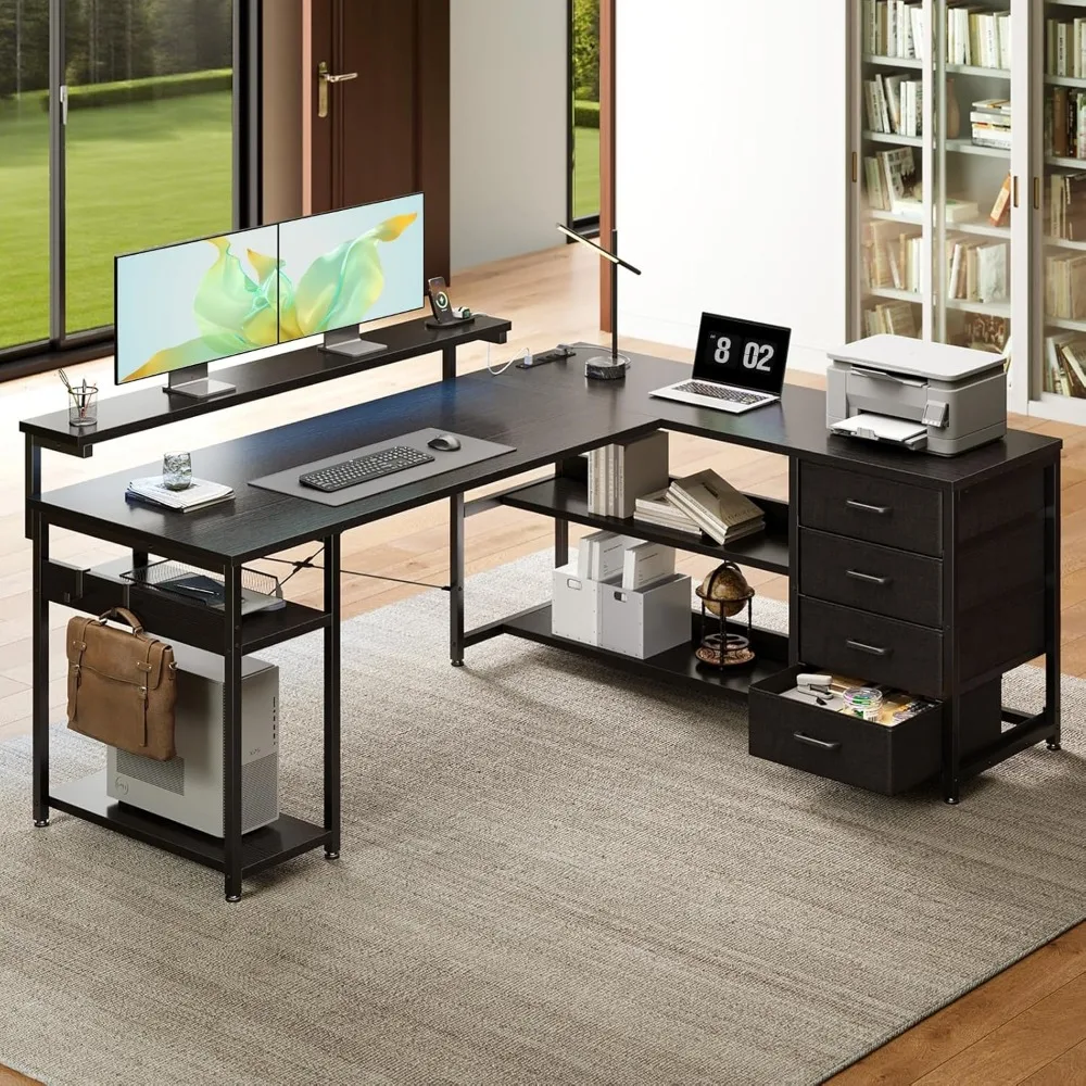 L-Shaped Desk with Drawers, Power Outlets, LED Lights, Reversible Corner Desk for Home Office Gaming and Computer Use