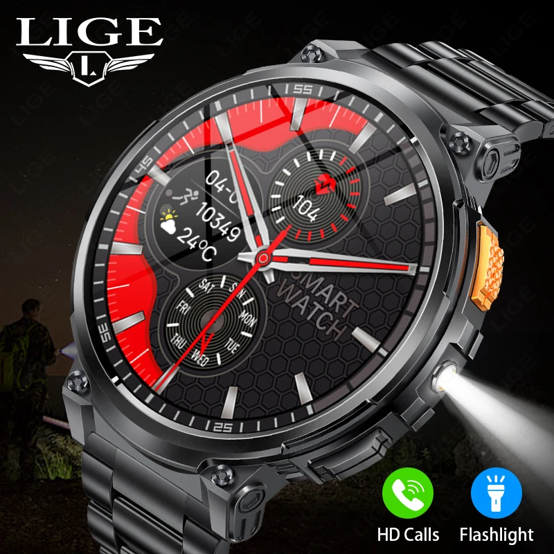 LIGE K66 Smart Watch Men Flashlight Bluetooth Call 1.85inch 128MB Memory 730mAh Large Battery LED Light Outdoor Sport Smartwatch