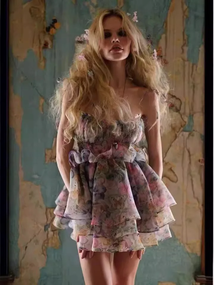 

Женское Короткое платье составного кроя, элегантное платье с цветочным принтом, на шнуровке, с открытой спиной и поясом, модель G53