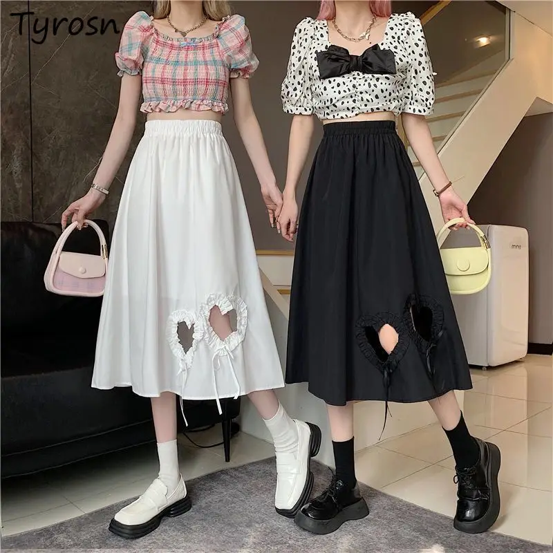 

Skirts Women A-line Simple Solid Cozy Elegant Girls Tender Summer Empire Daily Sweet Hollow Out Korean Style Elastic Waist Chic