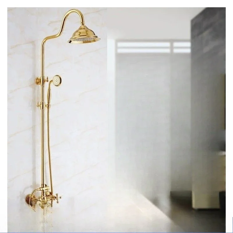 

Full copper gold flower, shower set, antique jade, bathroom, European supercharger, faucet, retro.