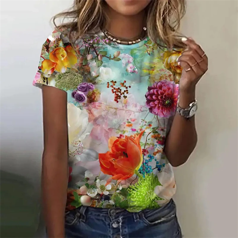 Dames T-Shirts Zomer Mode 3d Bloemen Print Top Dames Kleding Oversized T-Shirts Harajuku Grafische T-Shirts