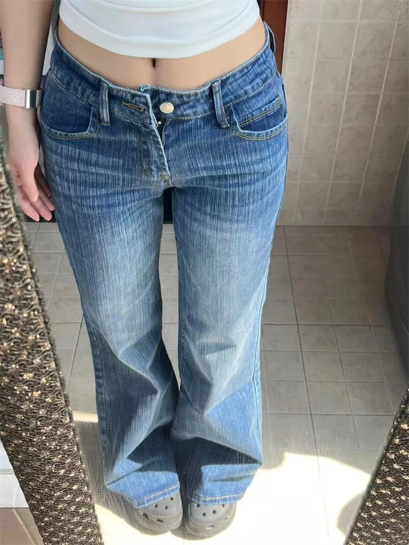 

Y2K Женские джинсы в бамбуковую полоску Spicy Girl с низкой талией, легкие расклешенные брюки в стиле ретро с вымытыми рогами, перетаскивающие брюки в форме подковы