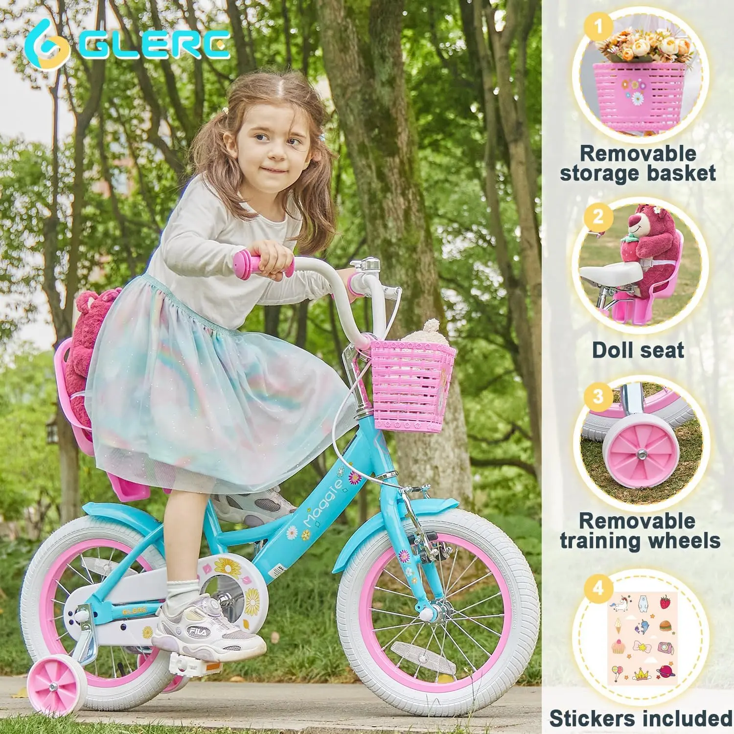 Bicicleta de estilo princesa para niñas, bici de 14 pulgadas para niños de 2 a 13 años, con asiento, cesta y tren