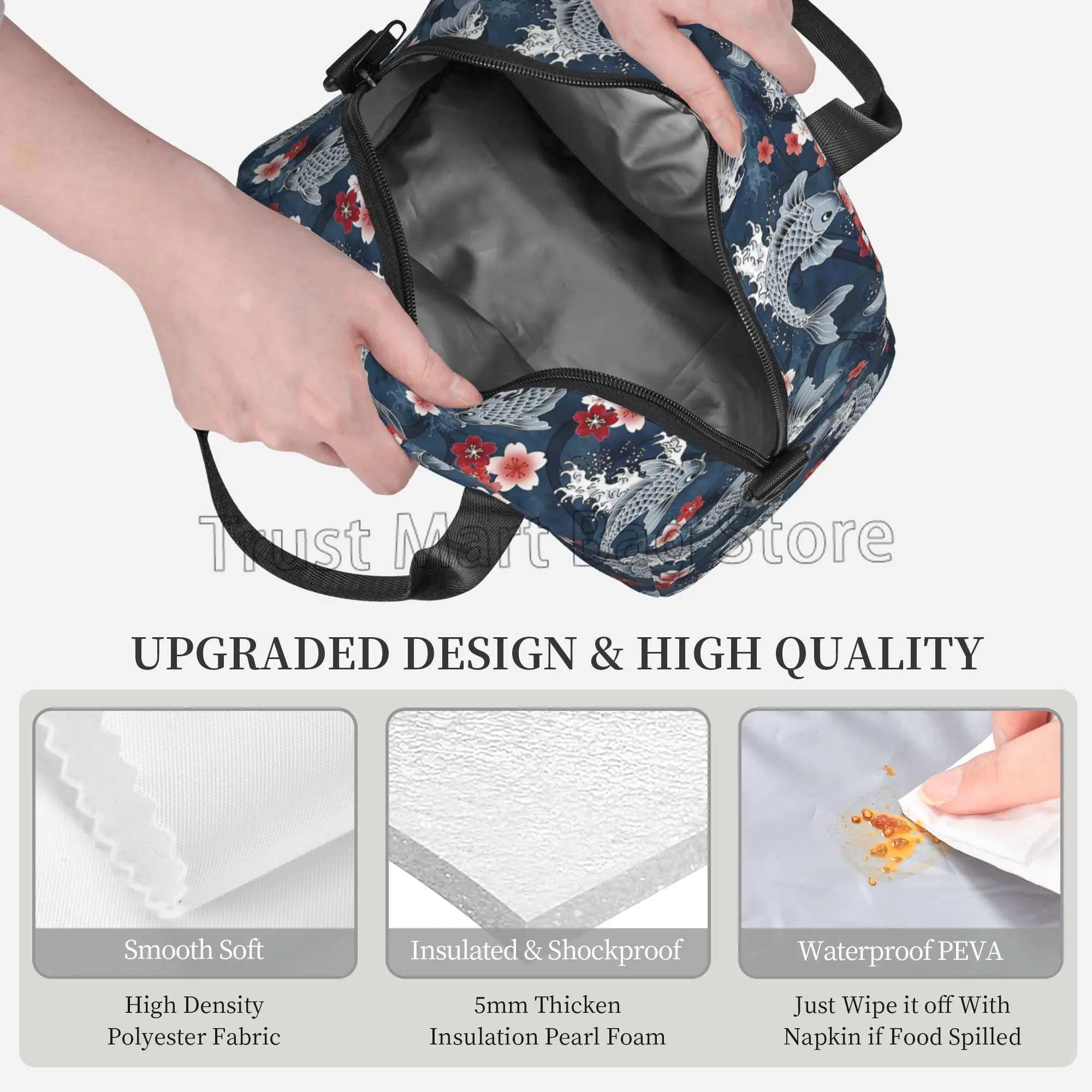 Cool Koi Cherry Sakura Blossom Insulated Lunch Bag Japanese Asian Fish Floral Reusable Thermal Bento Tote Box for Women Girls