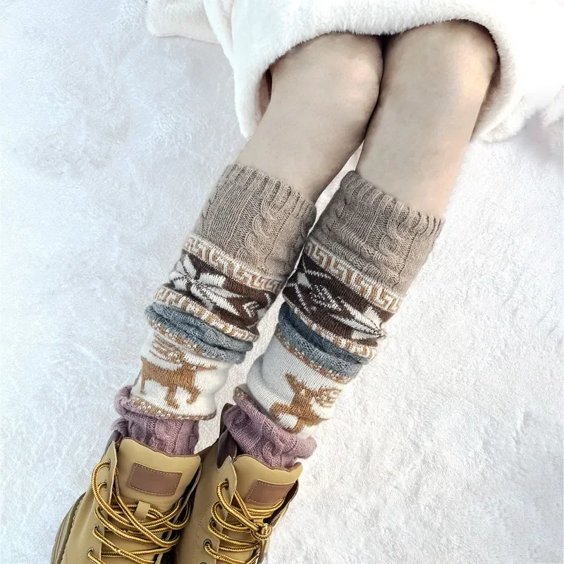 Autumn and Winter Twist Snowflake Deer Christmas Socks Knitted Knee Pads Wool Stacking Socks Leg Warmers Thigh High Socks