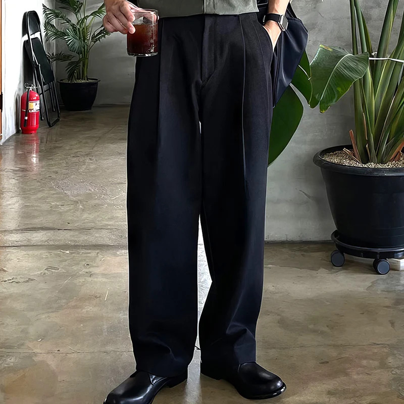

2024, весна-лето, новые повседневные брюки, мужские винтажные однотонные плиссированные прямые брюки для мужчин, модные свободные костюмные брюки, уличная одежда