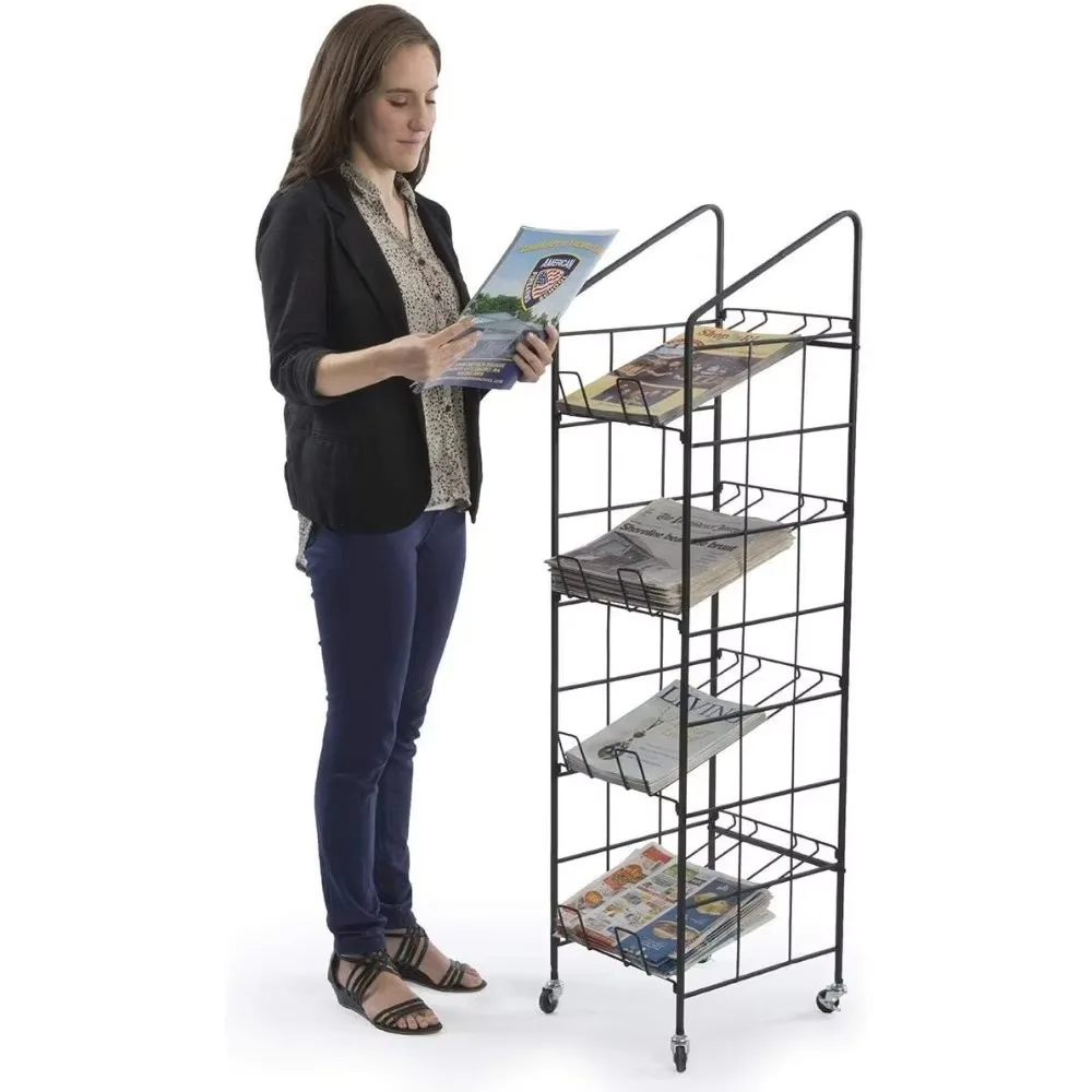 Portable Newspaper and Magazine Rack, 4 Angled Shelves, Locking Caster Wheels (Black Steel)