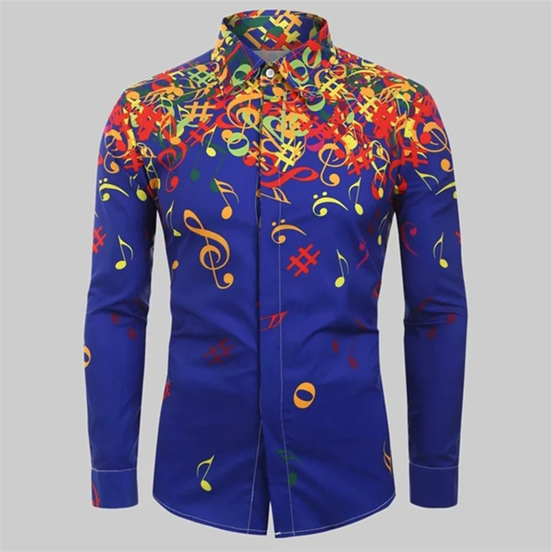 Casual Slim Fit Street Music Note Printed Shirts Black Lapel Button Men\'s Long Sleeve Shirt Fashion And Simple Men\'s Clothing