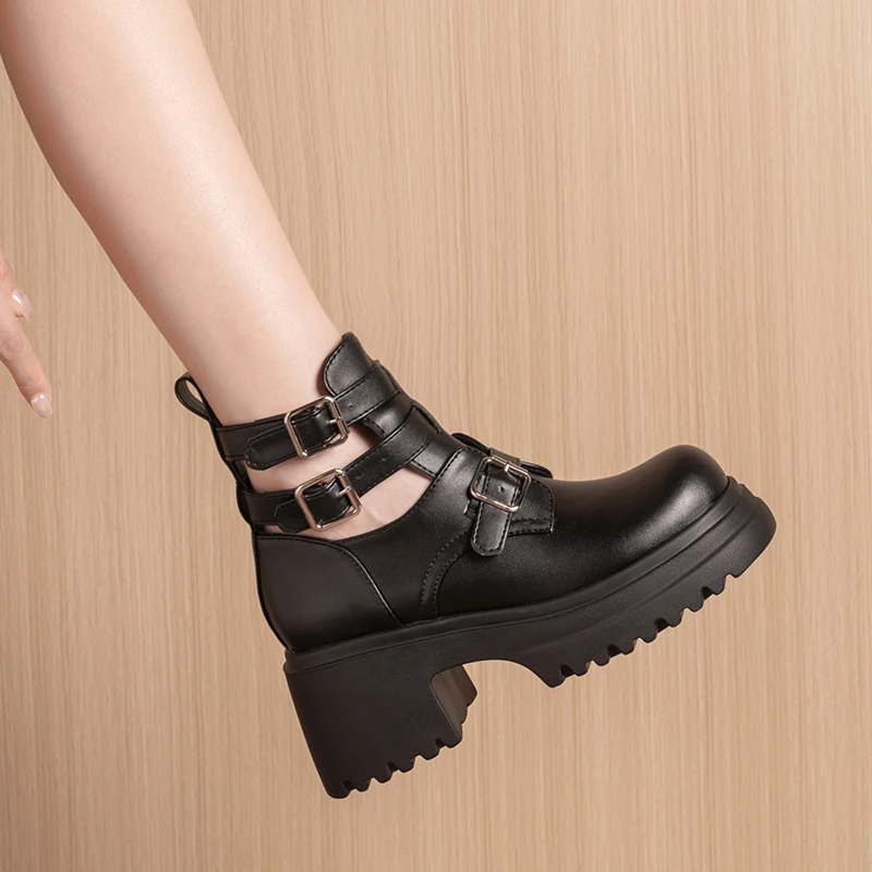 

Black Gothic Punk Hollow Cutout Ankle Boots Women's Round Toe Platform Belt Buckle Japanese Style Lolita Chunky High Heels Shoes