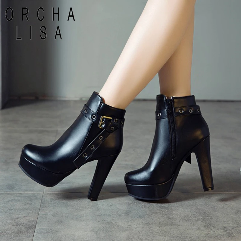 ORCHALISA 2024 Boots Autumn Ankle Shoes Women High Heel Female PU Leather 34-50 F1480