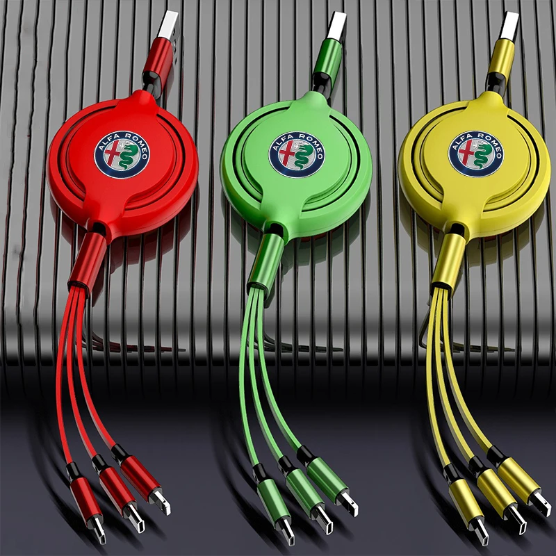 Keychain Car Charger Head 3 In 1 Charging Data Cable USB Type-C For Alfa Romeo 4C 159 166 Spider Giulia Giulietta 156 Mito 147