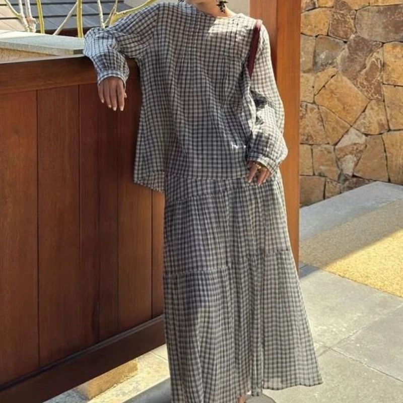 High-end Retro Plaid Two-piece Women's New Summer Design Single-breasted Shirt + Skirt Set Skirt