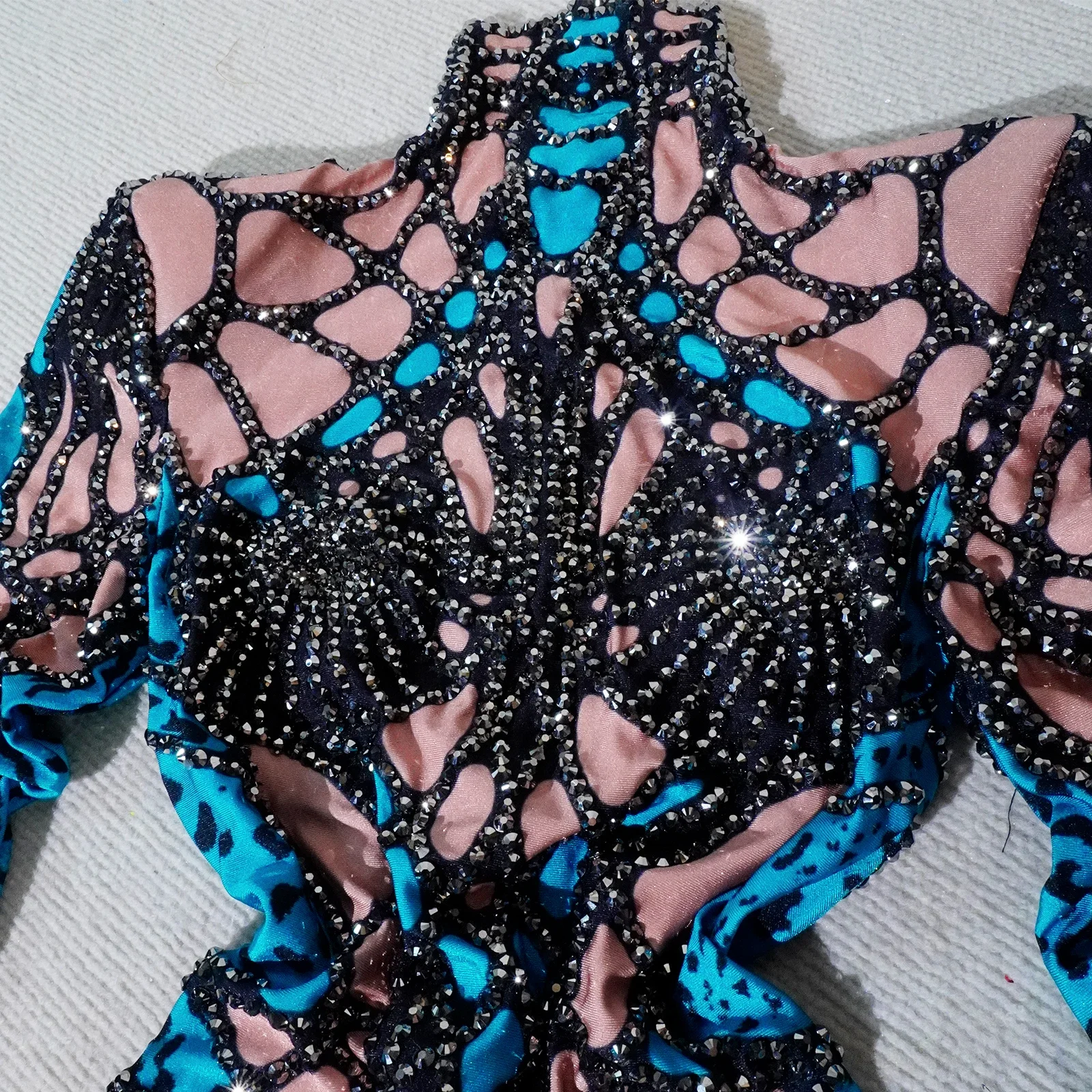 Glitzer bedruckter Langarm-Body mit Strasssteinen, blauer Pole-Dance-Trikot, Drag-Queen-Outfits, Party, Geburtstag, Club, Feiern Sie die Bühne