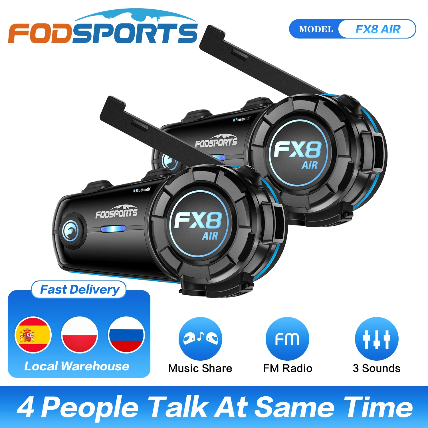 

2pcs Fodsports FX8 AIR Motorcycle Intercom Bluetooth Helmet Headset BT Interphone,4 Riders,FM radio