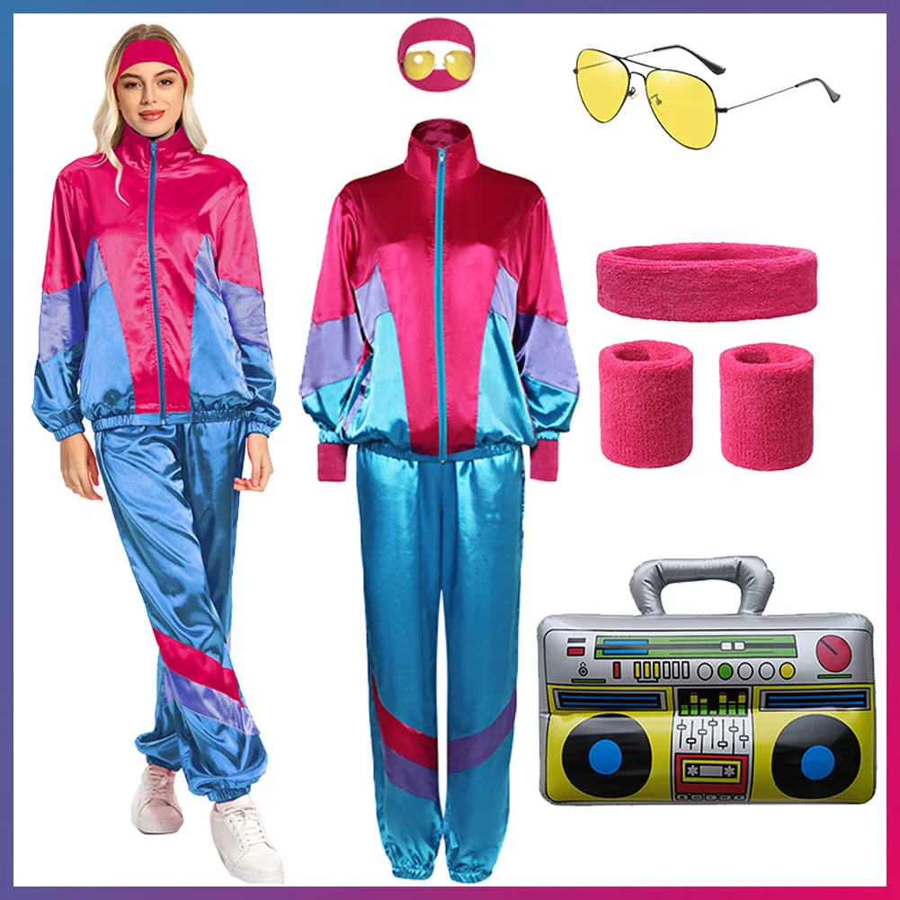 

80s Retro Hip-hop Women Cosplay 7PCS Tracksuit Costume Vintage Colorful Sportsuits Headband Glasses Female Dance Party Suit