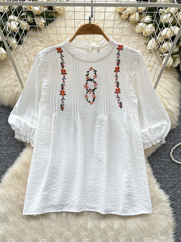 Summer Lace Patchwork Short Sleeved Blouse Women's New Rustic Style Sweet Embroidery Loose Versatile Casual Top Trendy D21