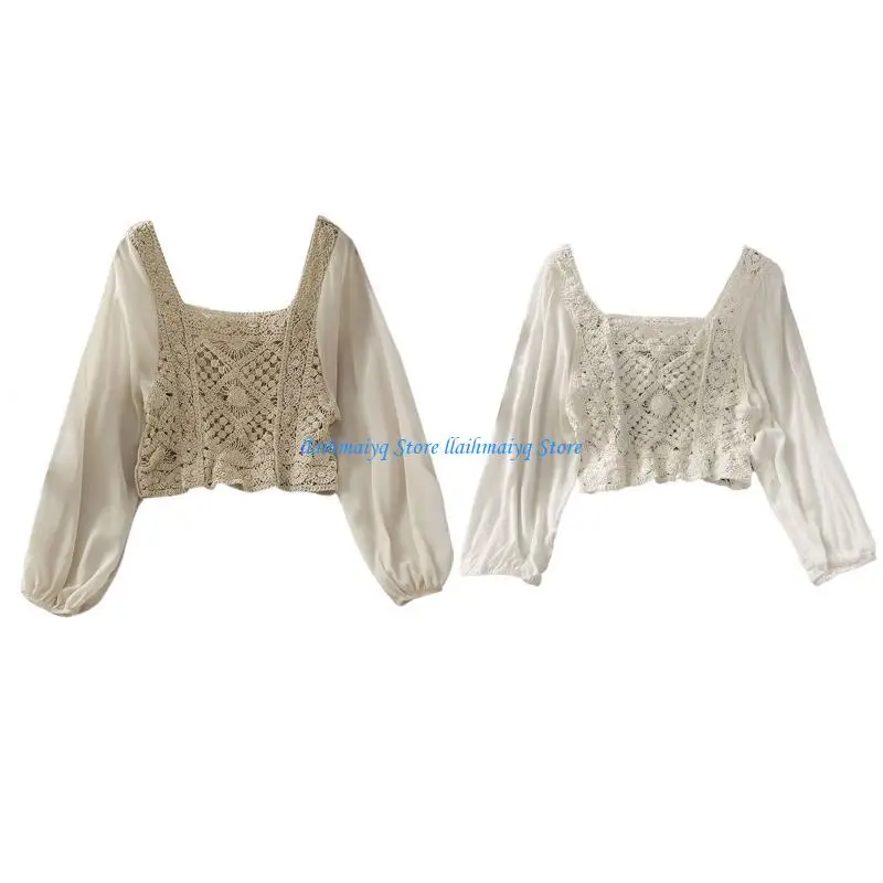 573B Women Sheer Puff Long Sleeve Shirts Autumn Vintage Sqaure Neck Thin Blouse Crochet Cover Up Pullover Crop Top view 3