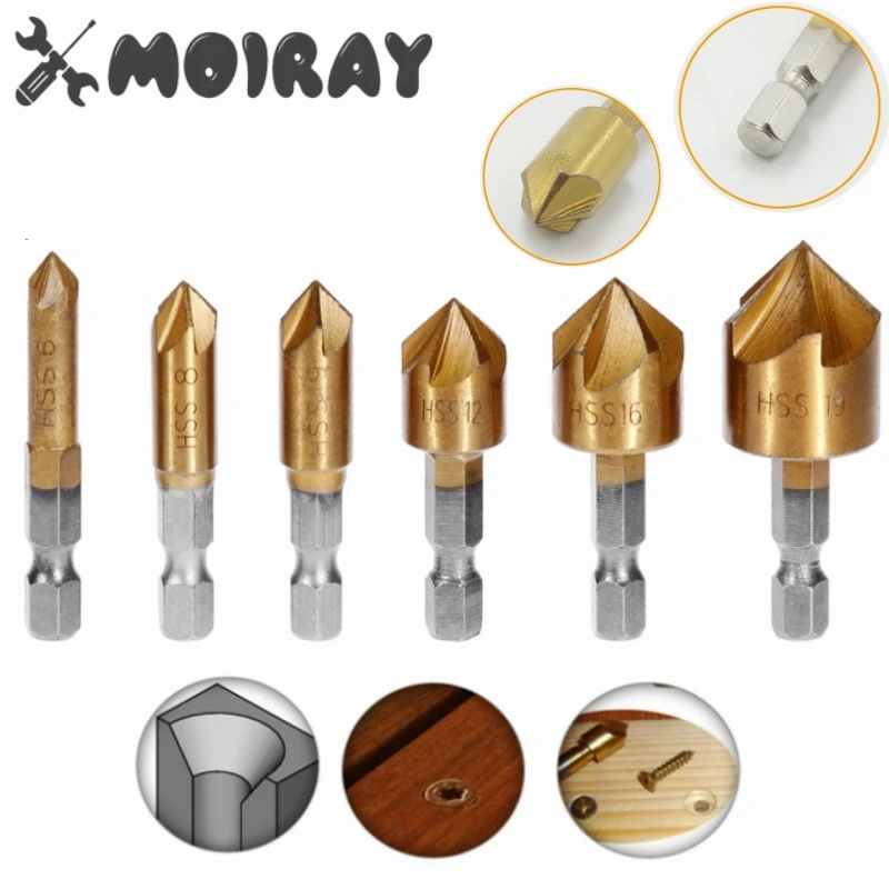 1/4'' Countersink Drill Bit Set Hex Shank HSS 5 Flute Countersink 90 Degree Wood Chamfering Cutter Chamfer Tools 6mm-19mm 6pcs