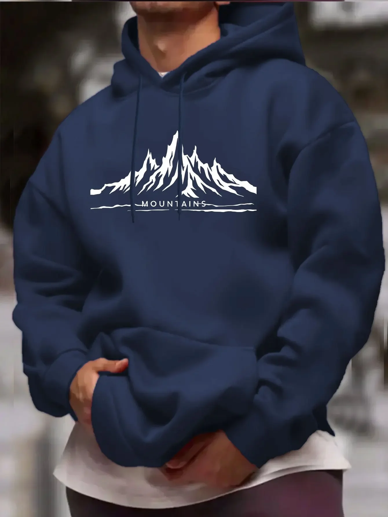 Men Fall Winter Y2K Outdoor Hoodie Vintage Line Art Snow Mountain Range Slogan Graphic Soft Fleece Hooded Sweatshirt
