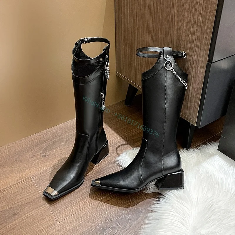 

Design Fashion Chain Metallic Square Toe Rider Boots Knee High Women Thick Heel Knight Boots Gladiator Design Shoes Chain 2022