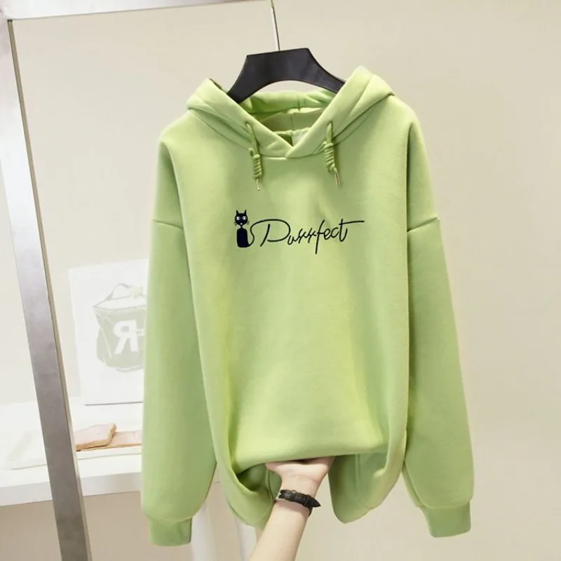 Hoodies ผู้หญิงเกาหลีสไตล์หลวมพิมพ์ Letter Plus กํามะหยี่หนาฤดูใบไม้ร่วงฤดูหนาวหญิงแฟชั่น Leisure All-Match